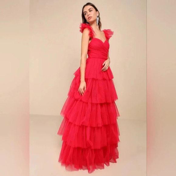 Lulus Fabulous Poise Bright Red Tulle Ruffled Tiered Maxi Dress Party Prom - Picture 3 of 11